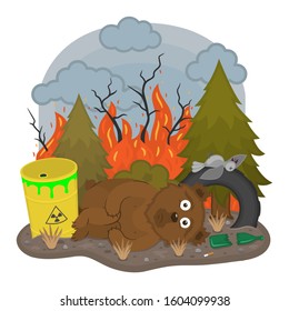 Sad bear lying in the forest among the garbage. Save forest concept.