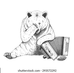 Sad bear sits with an accordion. Sketch