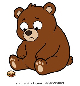 Sad bear sitting and looking at a tiny sandwich, funny cute cartoon character illustration.