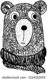 Sad bear. Vector black-and-white hand-drawn illustration. Isolated object on a white background. Clipart, template, sketch, doodles. Design of T-shirts, clothes, banners, postcards, covers.