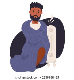 Sad bearded dark-skinned man wrapped in blanket is freezing and basking near hot radiator. Vector illustration. Concept season cold, suffering of low degrees temperature and and room heat heating