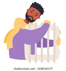 Sad bearded ethnic man in scarf and mittens, freezes and warms himself near battery. Vector illustration. Season cold, suffering of low degrees temperature and and room heat heating