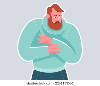 sad bearded man hugging himself. human loneliness. flat vector illustration.