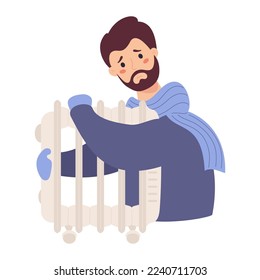 Sad bearded man in scarf and mittens, freezes and warms himself near battery. Vector illustration. Season cold and suffering of low degrees temperature, illnesses and colds