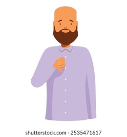 Sad bearded man with a shaved head wearing a purple shirt showing thumbs down disapproving gesture