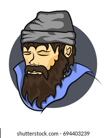 A sad, bearded middle-aged man in a hat covered his eyes