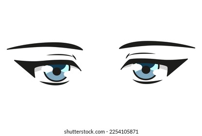 Sad beautiful anime cartoon blue eyes vector simple illustration isolated on white background. Manga, manhwa, comic book, big anime eyes for print on t-shirts, tote bags, etc