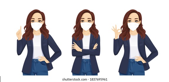 Sad beautiful business casual woman wearing protective mask as protection against transmissible infectious diseases and air pollution. Isolated vector illustration