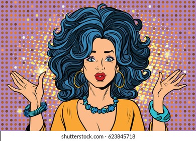 Sad beautiful disco girl gesture hands. Pop art retro vector illustration