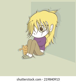 sad beautiful girl with a kitten