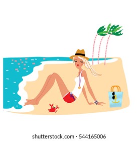 Sad beautiful teen girl sitting on the beach. Ocean landscape. vector illustration