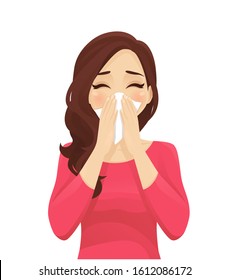 Sad beautiful woman blowing nose into tissue, sneezing. Isolated vector illustration.