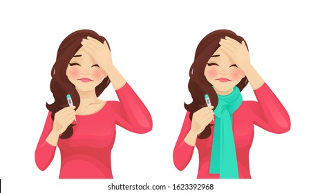 Sad beautiful woman with fever holding thermometer. Isolated vector illustration