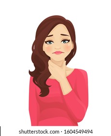 Sad beautiful woman holding her sore throat. Isolated vector illustration