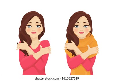 Sad beautiful woman hugs herself, feels cold and chills. Isolated vector illustration.