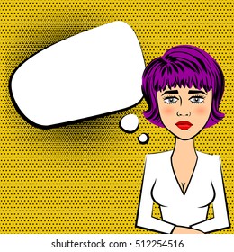 Sad beautiful woman with purple hair grey eyes style pop art sitting looking camera. Background with dots and bubble speech cloud for text messages. Good morning girl retro style