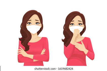 Sad beautiful woman wearing protective mask as protection against transmissible infectious diseases and air pollution. Isolated vector illustration