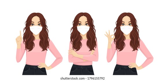 Sad beautiful woman wearing protective mask as protection against transmissible infectious diseases and air pollution. Isolated vector illustration