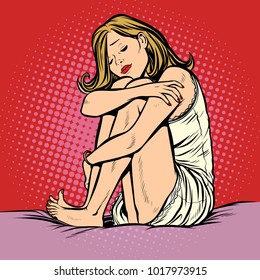 Sad Beautiful Young Woman In Bed. Pop Art Retro Comic Book Vector Illustration Hand Drawn