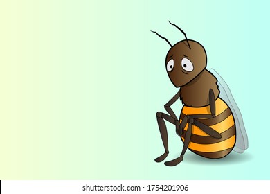 Sad bee vector illustration. Depressed insect with  gloomy eyes sitting on the floor cartoon for ecology theme. 