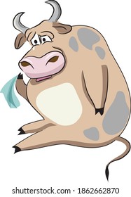 Sad beige bull with gray spots sits depressed and cries