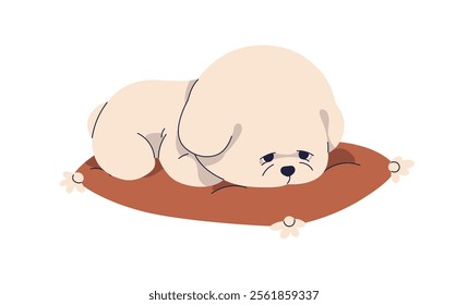 Sad Bichon Frise puppy lying on cushion. Cute fluffy canine animal, kawaii companion pet missing. Upset bored little dog, unhappy depressed pup. Flat vector illustration isolated on white background