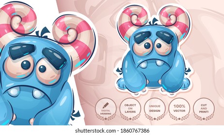 Sad big monster - cute sticker. Vector eps 10