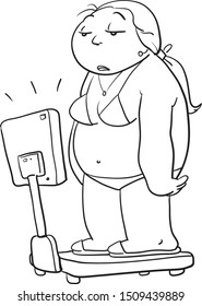 Sad big woman on scale.Overweight lady in swimsuit.