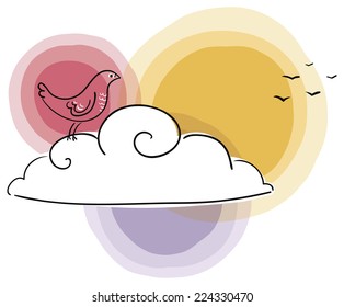 sad bird on a cloud watching its companions migrating
