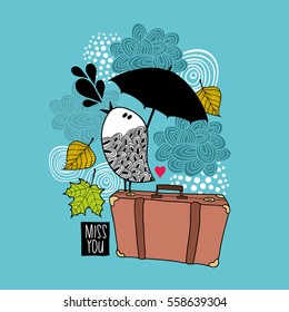 Sad bird on the old bag singing of love. Vector illustration.