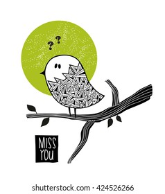 Sad bird on the tree. Vector illustration.