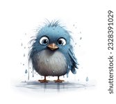 Sad bird under rain vector illustration. Little bird, rainy weather.