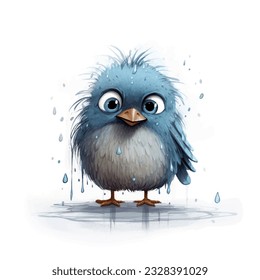 Sad bird under rain vector illustration. Little bird, rainy weather.