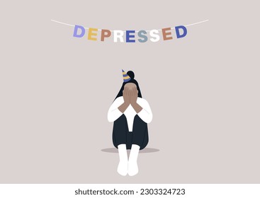 Sad birthday party, a character with sitting on the floor with hands covering their face, a garland with colorful letters reading depressed, emotional challenge 