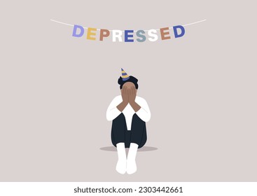 Sad birthday party, a character with sitting on the floor with hands covering their face, a garland with colorful letters reading depressed, emotional challenge 