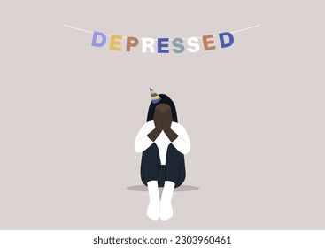 Sad birthday party, a character with sitting on the floor with hands covering their face, a garland with colorful letters reading depressed, emotional challenge 