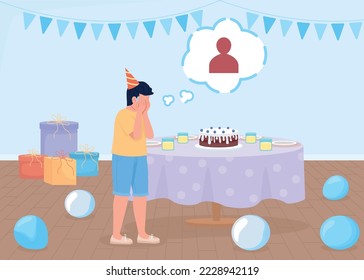 Sad birthday party flat color vector illustration. Little boy crying of loneliness. Celebration holiday alone. Fully editable 2D simple cartoon character with decorated room on background