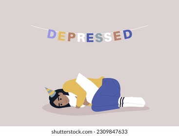 Sad birthday party, a young character squeezing a pillow, grief and sorrow concept, depression and anxiety, a garland with colorful letters reading depressed