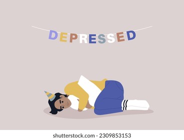 Sad birthday party, a young character squeezing a pillow, grief and sorrow concept, depression and anxiety, a garland with colorful letters reading depressed