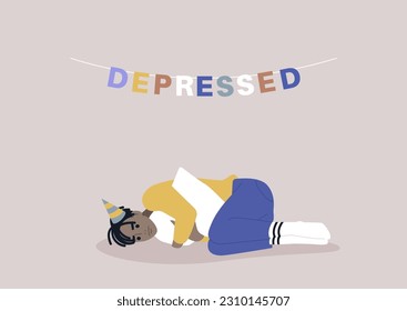 Sad birthday party, a young character squeezing a pillow, grief and sorrow concept, depression and anxiety, a garland with colorful letters reading depressed