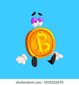 Sad bitcoin character, funny crypto currency emoticon vector Illustration on a sky blue background