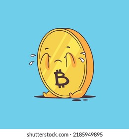 Sad Bitcoin Character Sitting And Crying Vector Cartoon Illustration