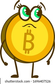 Bitcoin triste, ilustración, vector sobre fondo blanco