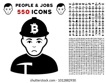 Sad Bitcoin Miner icon with 550 bonus pity and glad user icons. Vector illustration style is flat black iconic symbols.