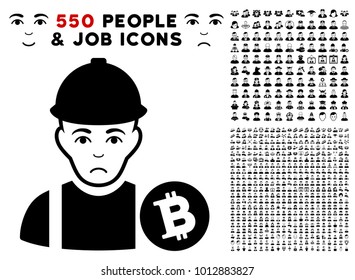 Sad Bitcoin Miner pictograph with 550 bonus pity and glad men symbols. Vector illustration style is flat black iconic symbols.