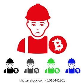Sad Bitcoin Miner vector icon. Vector illustration style is a flat iconic bitcoin miner symbol with grey, black, blue, red, green color versions. Face has dolour mood.