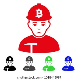 Sad Bitcoin Miner vector icon. Vector illustration style is a flat iconic bitcoin miner symbol with grey, black, blue, red, green color variants. Face has sadly expression.