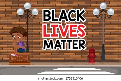 Sad black boy sit next to street illustration