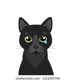 Sad Black Cat Vector Icon. Illustration Of Cute Sad Animal. Drear Crying Black Cat Vector. Crying Cat Emoji. Cute cartoon character. Pet collection. Flat design style. White background. Isolated.