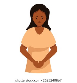 Sad black female patient is holding hands in front of body, experiencing shame and depression